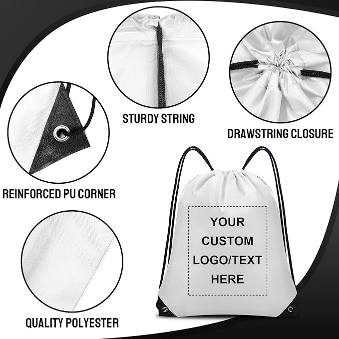 Grneric Custom Drawstring Bags Bulk 10/20/50/100/200 Pack, Promotional Items With Your Logo Personalized String Backpack for Gym, Sport, Travel, White - Image 2