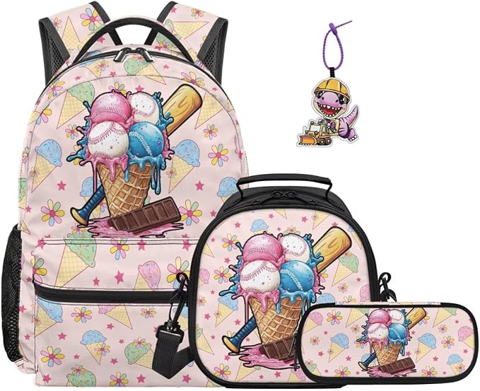 Ice Cream Cone Baseball 4-Piece Backpack Set with Lunch Box, Pencil Case & Dinosaur Charm, 17 Inch Bookbag for Girls 4th 5th 6th Grade Large Capacity Sport Backpack by Dremagia