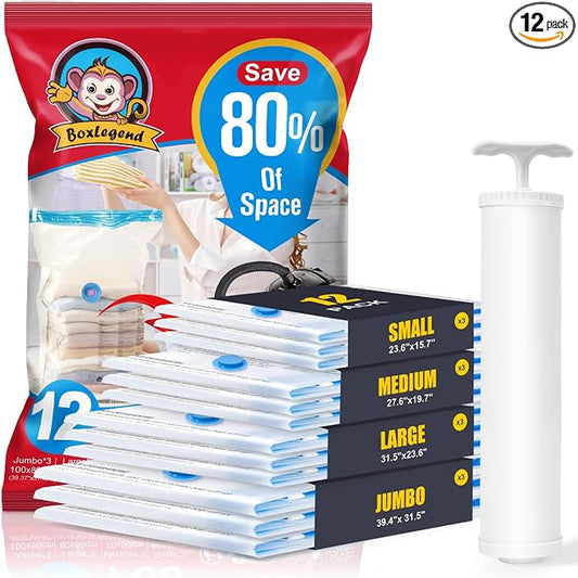 BoxLegend Vacuum Storage Bags with Large Hand Pump 12 Combo (3 Jumbo,3 Large, 3 Medium, 3 Small) Thickened Vacuum Seal Bags for Clothing Coat Bedding Quilt Blanket Pillow Comforters by BoxLegend