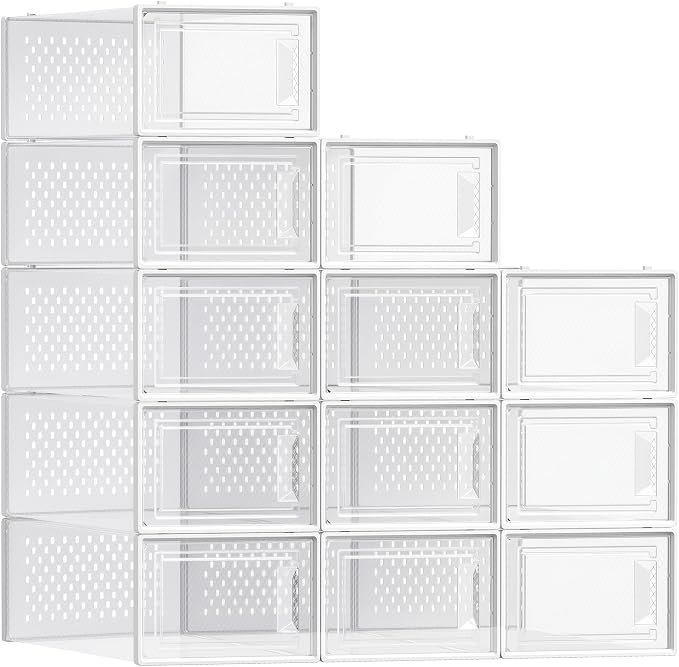 SONGMICS Shoe Boxes, Pack of 12 Shoe Storage Organizers, Stackable Clear Plastic Boxes for Closet, Sneakers, 13.1 x 9.1 x 5.6 Inches, Transparent and White ULSP12SWT by Unknown