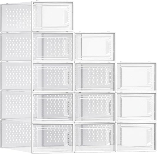 SONGMICS Shoe Boxes, Pack of 12 Shoe Storage Organizers, Stackable Clear Plastic Boxes for Closet, Sneakers, 13.1 x 9.1 x 5.6 Inches, Transparent and White ULSP12SWT by Unknown