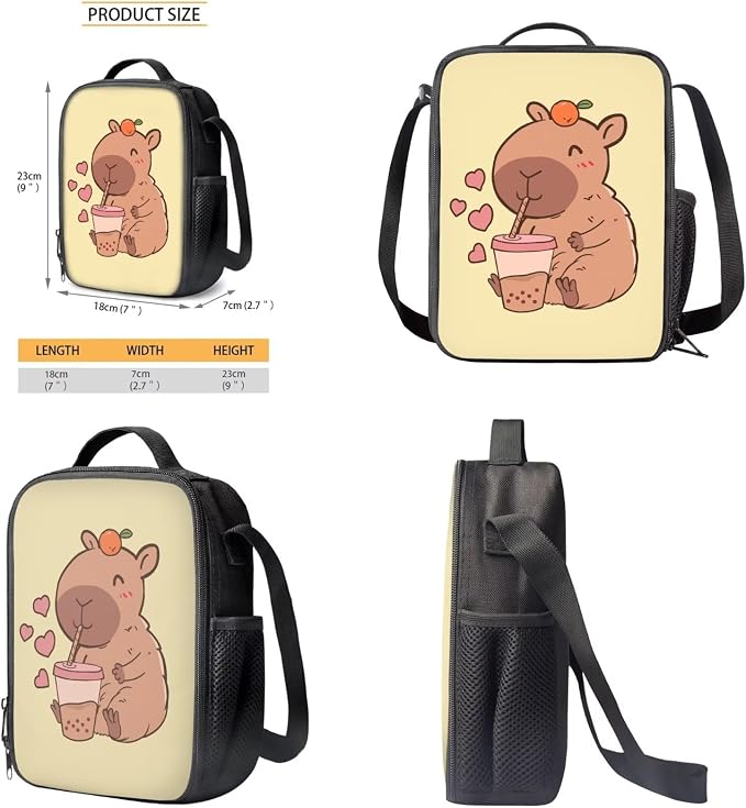 Capybara Bubble Tea Print Boys School Bag 3 in 1 Children's Backpack Set with Lunch Bag and Pencil Pouch Case Daypack Set, Lightweight Durable Knapsack Set for Teen Girls, Light Yellow - Image 6