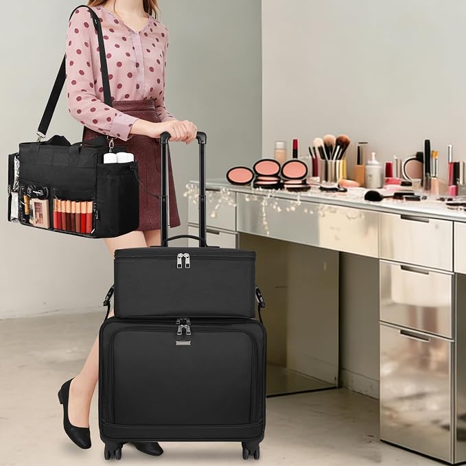 TANTO Rolling Makeup Bag, Cosmetology Case on Wheels Travel Makeup Tote Bag Pro Makeup Artist Bags 3 in 1 Extra Large Cosmetics Organizer Case with 360° Swivel Wheels and Adjustable Dividers - Image 2