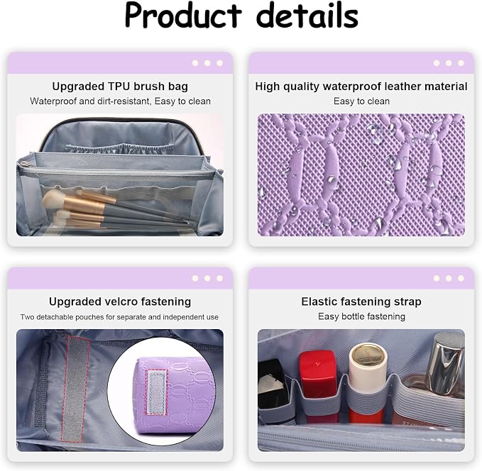 BOYATU Travel Makeup Bag for Women: Cosmetic Organizer Bag with Compartments - Leather Make up Bags Set of 3 (G-1-Purple) - Image 4