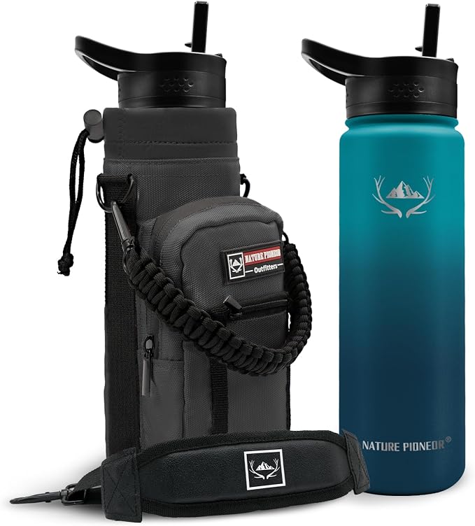 NATURE PIONEOR 24 oz Insulated Water Bottle with Carrier Bag & 3 Lids | 18/8 Food-grade Stainless Steel, Double Vacuum Insulation, 3 Leak-proof Lids, Strap, Camping, Hiking, Gym, Work by NATUREPIONEOR