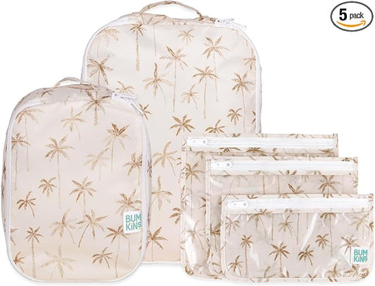 Bumkins Packing Cubes and TSA Approved Pouches for Travel Bag, Organize Luggage with Compression Bags, Essential Traveling Accessories to Pack Clothes, Toiletries Carry On Suitcase, 5-pc Palm Trees by Bumkins