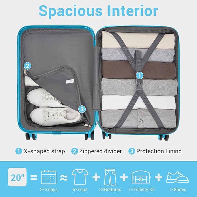 Kono Carry On Luggage 22x14x9 Airline Approved with Spinner Wheels | Lightweight PC+ABS 20 Inch Luggage with TSA Lock,Expandable Hard Shell Carry On Suitcases for Men Women,Blue - Image 8