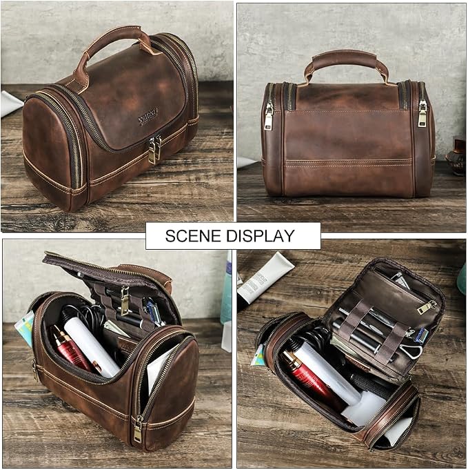 CONTACTS Crazy Horse Leather Toiletry Bag for Men Travel Bathroom Shaving Dopp Kit Toiletries Organizer Vintage Brown Cosmetic Bag Handbag - Image 3