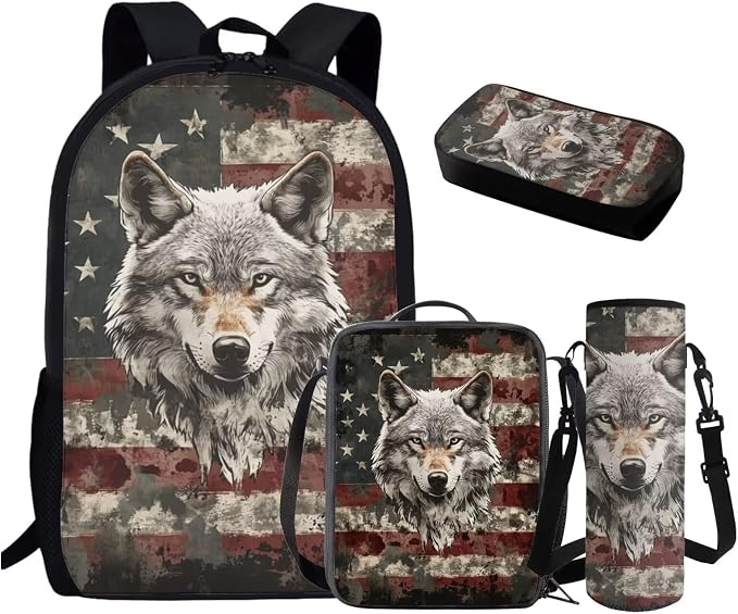 GIFTPUZZ Patriotic Wolf Backpack Set Boys 6-8 | 17 Inch Polyester, Lunch Box, Adjustable Straps, School, Birthday Back to School Gifts for Him by GIFTPUZZ