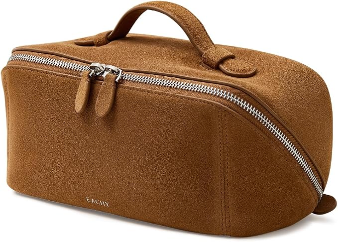 EACHY Leather Makeup Bag, Portable 180° Wide-Open Flat Cosmetic Bag for Women, Large Capacity Make Up Organizer Makeup Pouch with Divider and Handle by EACHY