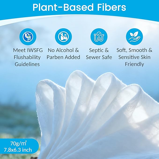 WONDERFUL Flushable Wipes, Unscented 100% Plant-Based Wet Butt Wipe for Adults & Kids, Sewer Septic Safe, Gentle for Sensitive Skin, Wipes Flushable Pack for Bathroom & Travel, 6-Pack (360 Counts)