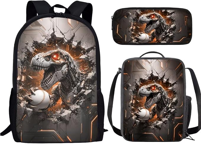 Forchrinse Kids Backpacks for Boys Ages 9-11 Dinosaur School Backpack with Lunch Box Pencil Case 3 Pcs Baseball Bookbag for Kindergarten Elementary Daypack by Forchrinse