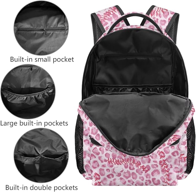 Pink Leopard Baseball Cap Backpack Set, Lightweight School Bag with Insulated Lunch Bag & Pencil Case and Dinosaur Charm for Girls Kids Sports School 17 Inch Casual Daypack - Image 3