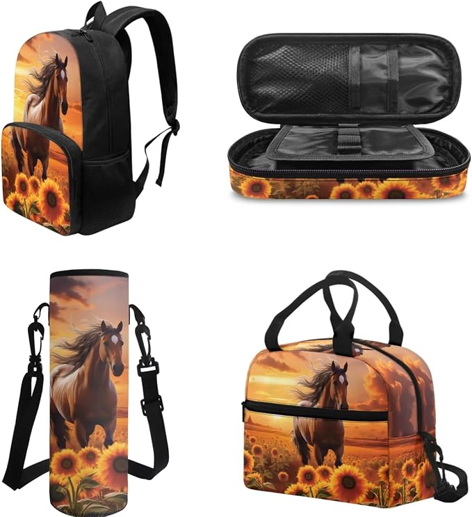 POLERO Sunflower Horse Backpack for Girls School Bookbag Set with Lunch Box Pencil Case Water Bottle Cover Bag Casual Daypack - Image 3