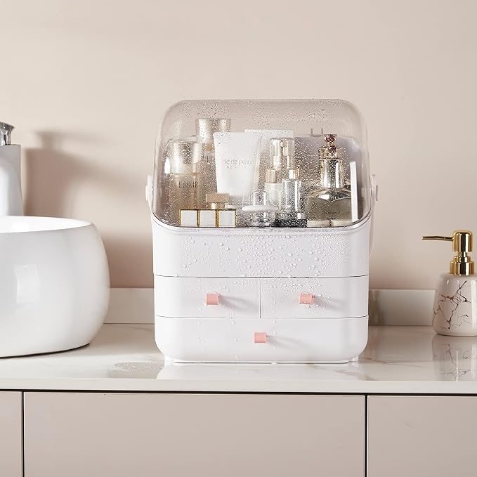 SUNFICON Makeup Organizer Cosmetic Organizer Makeup Storage Holder Box Crystal Clear Lid w Handheld 3 Drawers Dustproof Waterproof for Vanity Bathroom Countertop Birthday - Image 8