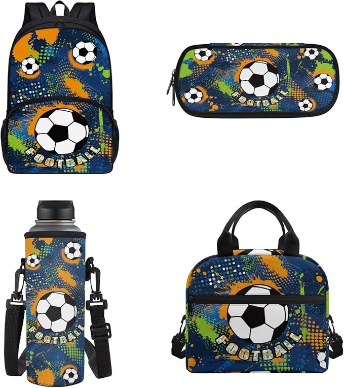 Back to School Gift 4pcs Soccer Backpack Full Set, Football Schoolbag With Insulated Lunchbag, Tote Bag, Water Bottle Carrier, Pen Bag - Casual Daypack for Travel/Hiking by FUIBENG
