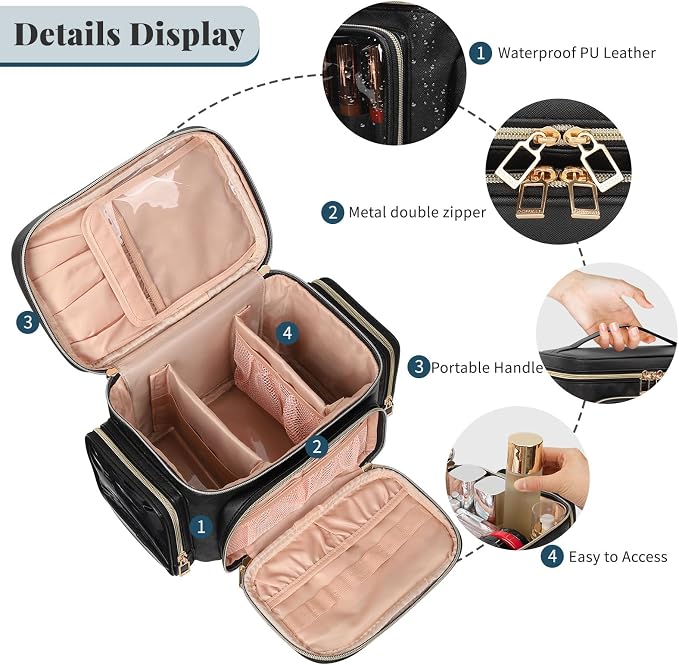 Makeup Bag Set, Portable Travel Makeup Bag Organizer for Women Cute Cosmetic Pouch Large Capacity with Makeup Brush Compartment, Cosmetic Travel Bag with Divider and Handle Toiletry Bag - Black - Image 3