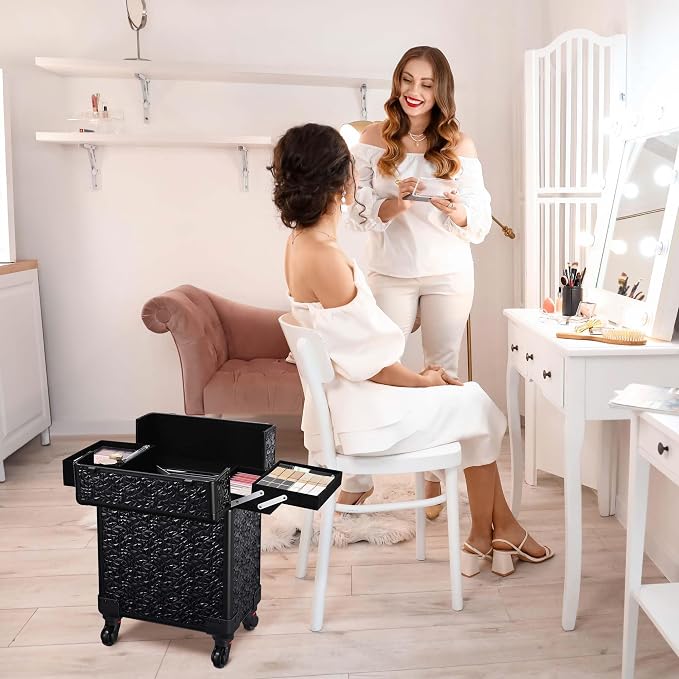 BYOOTIQUE Rolling Makeup Case Cosmetology case on wheels Makeup Artist Nail | Aluminum Rolling Makeup Suitcase with 360° Detachable Wheel Lockable 44Lb Large Capacity Organizer Nail Tech Mermaid Black - Image 9