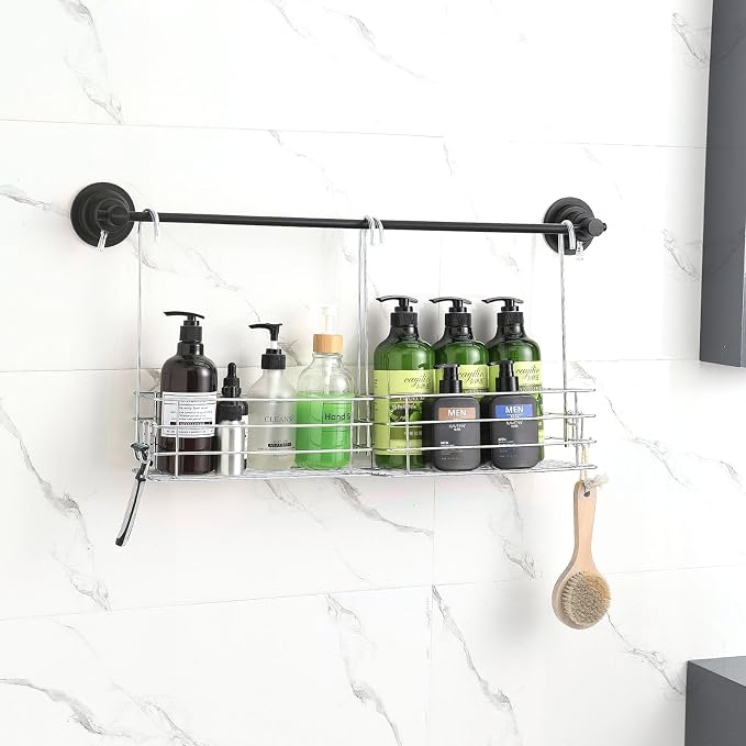 2pcs Single-Layer Hanging Shower Caddy, Rustproof Shelves Rack with Rotatable Hook bar, Large Capacity Bathroom Organizers and Storage, No Drilling Shampoo Bracket by Seltomer