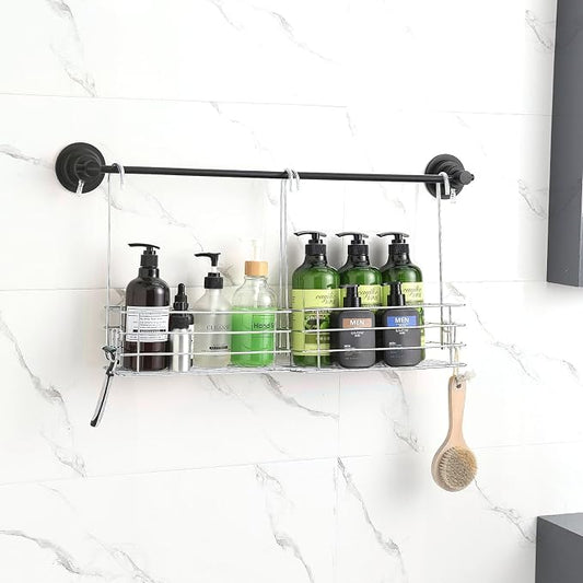 2pcs Single-Layer Hanging Shower Caddy, Rustproof Shelves Rack with Rotatable Hook bar, Large Capacity Bathroom Organizers and Storage, No Drilling Shampoo Bracket by Seltomer