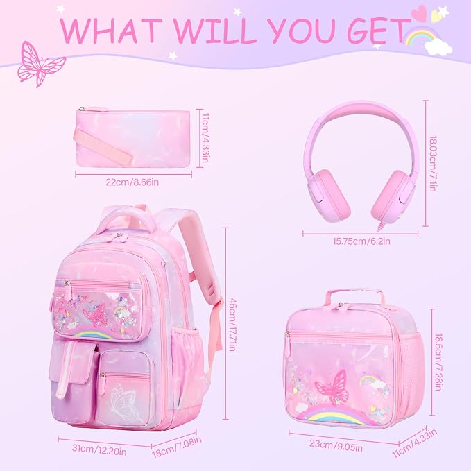 ACESAK Kids Backpack for Girls, Rainbow Backpack Set with Over-ear headphones, Lunch Bag Set for School, Girls Backpack for Elementary Middle school Teen Student(Pink) - Image 2