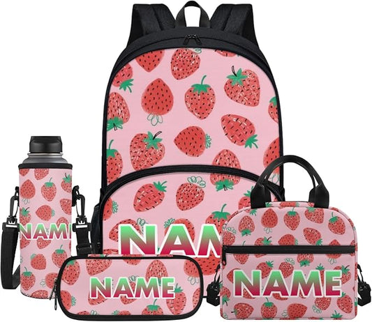 Red Strawberry Student Backpacks, Cartoon Fruit School Bookbag for College Laptop Backpack, Pink Lunch Bag Water Bottle Holder 4 Set Pen Bags by Jndtueit