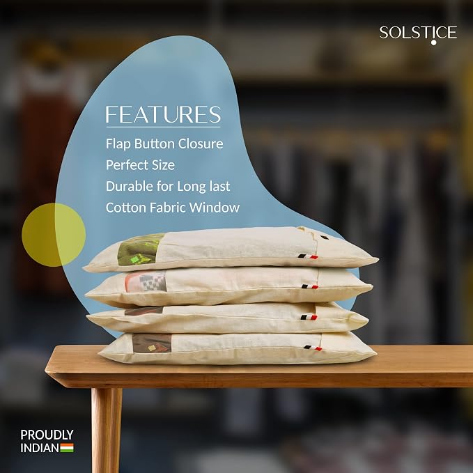 SOLSTICE Cotton Saree Cover/Saree Bags/Clothes Covers (Set of 24) big size of 16 x 14 (inches) for Clothes Storage bag, Travelling, Wardrobe Organizer with Mesh/Window (24),Off-White - Image 6