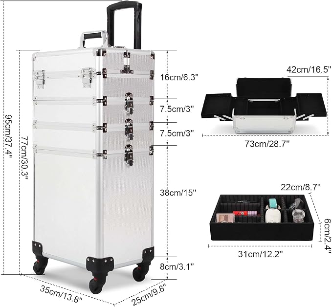 4 in 1 Rolling Makeup Train Case, Large Storage Cosmetic Trolley Makeup Travel Case with Key & Wheels Salon Barber Case Traveling Cart Trunk (SILVER) - Image 6
