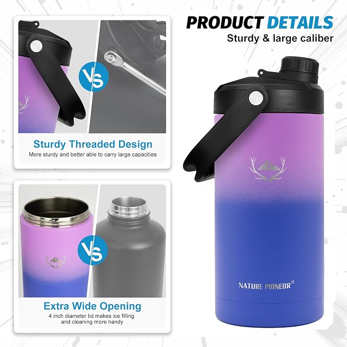 NATURE PIONEOR 64 oz Insulated Water Bottle Jug with Carrier Bag | 18/8 Food-grade Stainless Steel, Double Vacuum Insulation, Wide-Mouth, Straw & Spout Lid, Strap, Camping, Hiking, Gym, Work - Image 5
