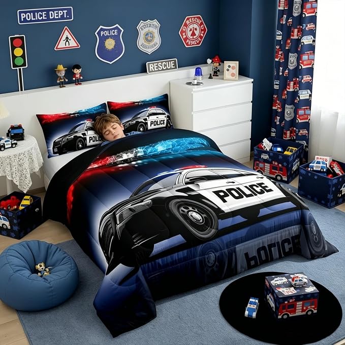 Erosebridal Police Car Comforter Sets Full Size,Policeman Vehicle Bedding Set for Kids Boys Children,Red Blue Cop Lights Down Comforter Geometric Graphics Duvet Sets Bedroom Decor with 2 Pillow Cases - Image 2