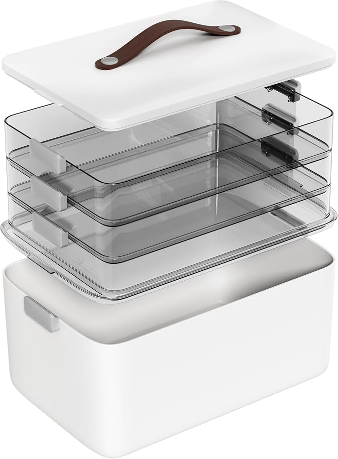 MOPALL 4-Tier Medicine Organizer Storage Box, Portable Latch Bin with Lid and Leather Handle, Cabinet Closet Organization for Home Office, Pill Bottle, First Aid, Sewing, Art, Craft by MOPALL