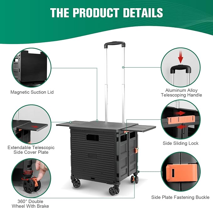 FELICON SELORSS Folding Utility Cart Portable Rolling Crate Handcart-Black | Magnetic Sliding Lid,Telescoping Handle,Plastic Box Dolly,360°Swivel Wheels for Travel Shop Move Laundry Office Teacher Use - Image 3
