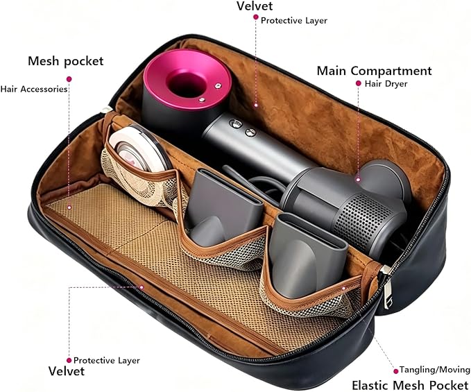 Hair Dryer Travel Storage Case Portable Waterproof Leather Carrying Bag for Hair Styling Tools, Travel Organizer Bag for Hair Curler Straightener Accessories (Black for Hair Tool) - Image 5