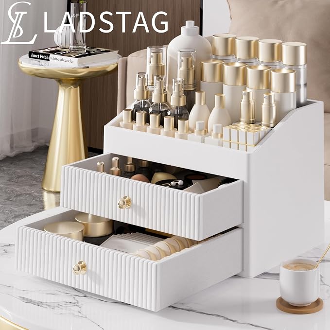 LADSTAG Makeup Organizer Countertop,Leather Makeup Storage with 2 Drawers,Large Capacity Beige White Make up Organizers for Counter,Bedroom,Bathroom,Birthday Gifts for Women - Image 2