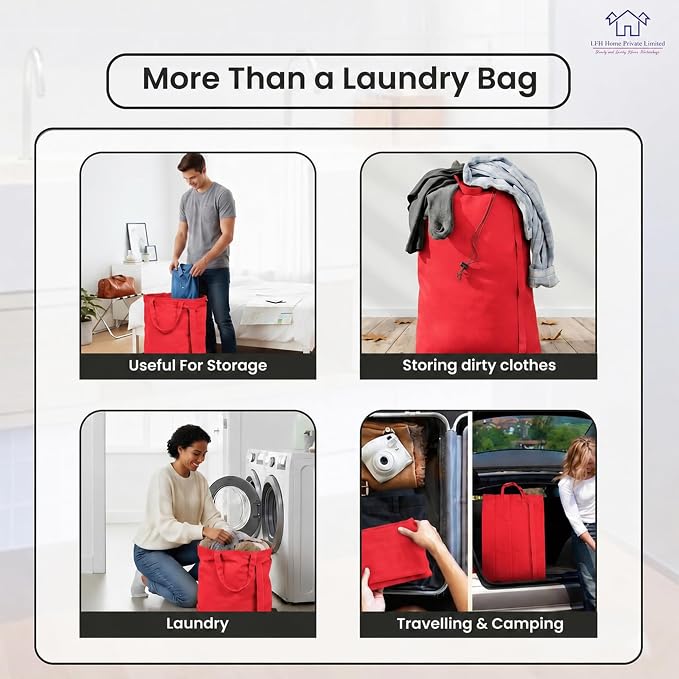 LFH Home Cotton Rich Large Premium Canvas Laundry Bag, Heavy Duty Washable Laundry Hamper with Drawstring & Handles, Multi-Use Clothes Storage for Home, Travel & College, 28"x36" (Pack of 2) - Red - Image 5