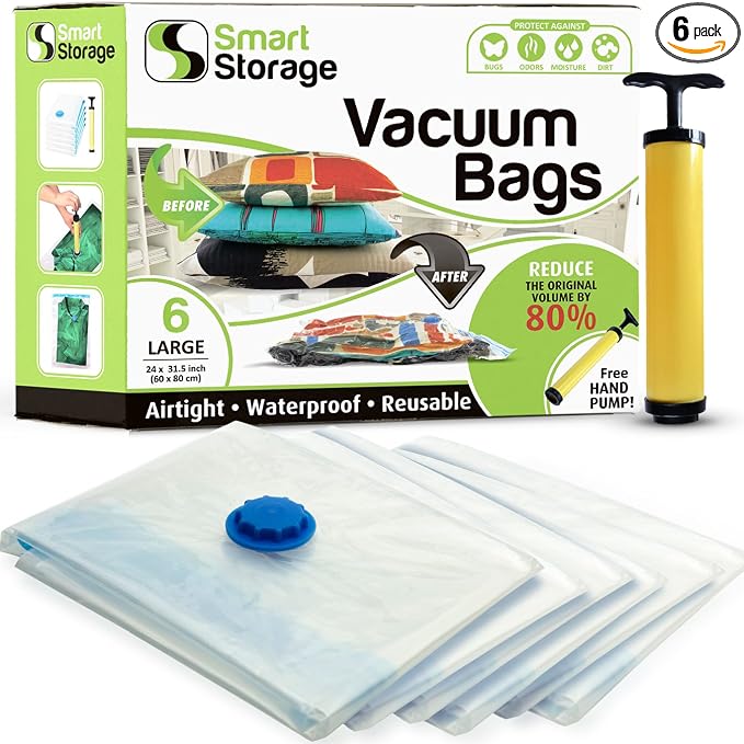 Large Vacuum Storage Bags 6 Pack with Hand Pump, 24x31.5 Inch Space Saver Bags for Clothes Comforters Blankets Pillows Bedding, Airtight Compression Bags for Travel Luggage and Under Bed Storage by SmartStorage