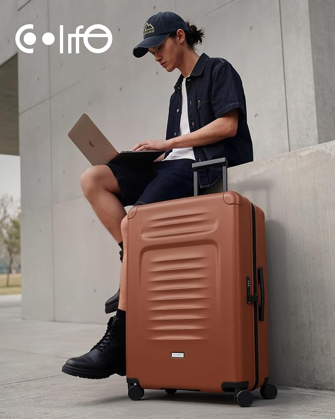 Coolife Checked Suitcases Luggage: Large Travel Luggage with Spinner Wheels Expandable Hardside Suitcases with TSA Lock,29 Inch Orange - Image 2