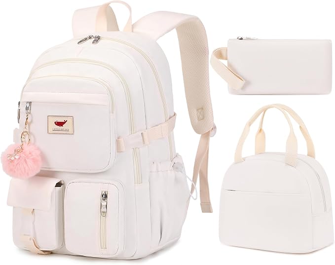 Laptop Backpack 15.6 Inch Elementary Middle High School Bag College Backpacks with Lunch Box Pencil Pouch 3 PCS Set Travel Bookbags for Teens Girls Women Students (Off-white) by LXYGD
