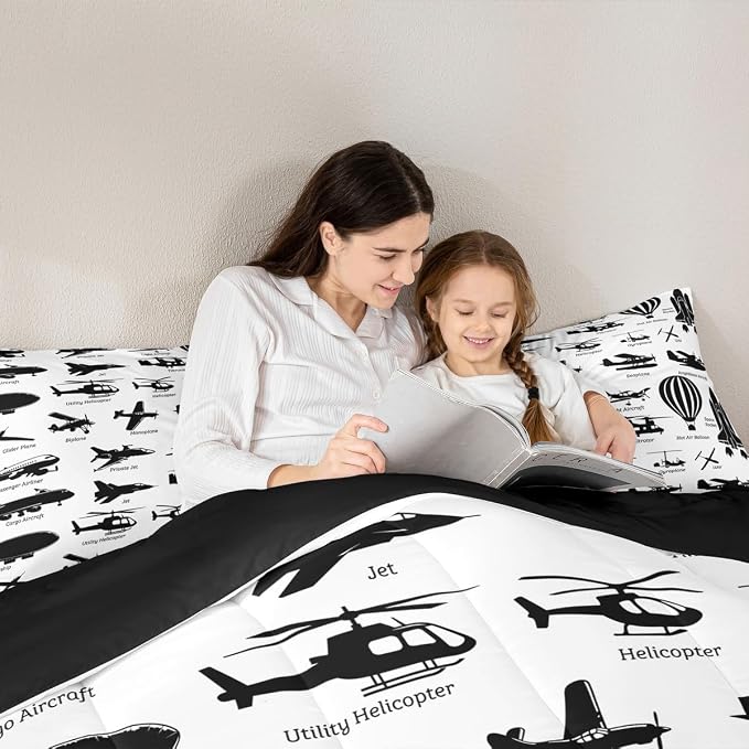 Erosebridal Airplane Comforter Set Twin,Black White Airplanes Bedding Set Space Rocket Aircraft Down Comforter for Boys Kids Teens Room Decor,Helicopter Biplane Quilt Duvet Sets with 1 Pillow Case - Image 5