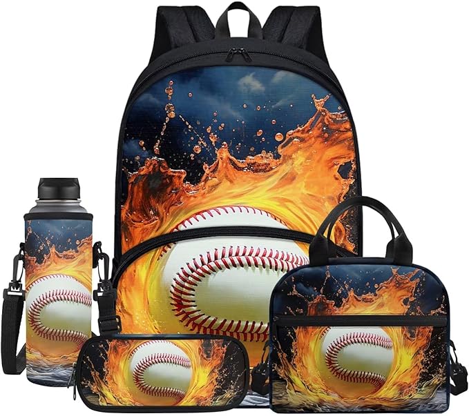 Baseball Fire Water Blue Travel School Bag Set of 4, 17 Inch Laptop Bookbag School Bag Daypack Insulated Lunch Bag Shoulder Crossbody Handbags Pen Carrying Case for Little Girls Boys by Jndtueit