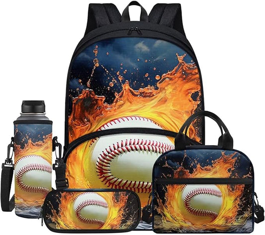 Baseball Fire Water Blue Travel School Bag Set of 4, 17 Inch Laptop Bookbag School Bag Daypack Insulated Lunch Bag Shoulder Crossbody Handbags Pen Carrying Case for Little Girls Boys by Jndtueit
