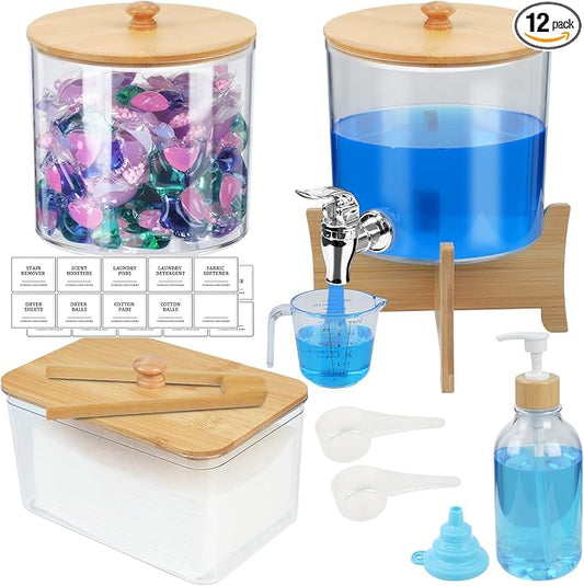 Laundry Room Organization Set 12, Laundry Pods Container & Dryer Sheet Holder with Lids & Labels, Liquid Laundry Detergent Dispenser, Fabric Softener Dispenser for Detergent Powder Dryer Balls Beads by Ecopandy