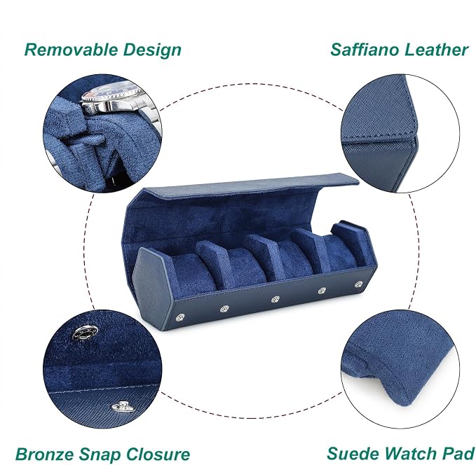 Hiram Genuine Leather Saffiano Leather Watch Roll Travel Case, Leather 4-Watches Roll Case for Treasured Watches and Bracelets(Blue) - Image 3