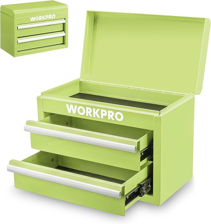 WORKPRO Metal Mini Tool Box with 2 Drawers and Top Storage | Cold Rolled Steel Toolbox, Ball Bearing Slides, PVC Drawer Liners, PP Feet Pads, Durable Storage by WORKPRO