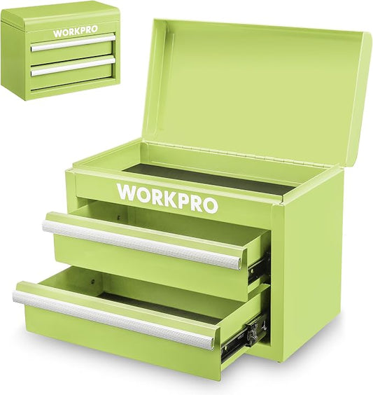 WORKPRO Metal Mini Tool Box with 2 Drawers and Top Storage | Cold Rolled Steel Toolbox, Ball Bearing Slides, PVC Drawer Liners, PP Feet Pads, Durable Storage by WORKPRO