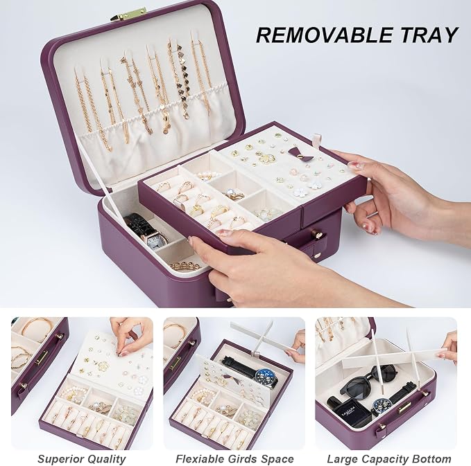 Travel Jewelry Case Large Jewelry Box Jewelry Travel Organizer Jewelry Case with Handle Removable Tray Best Gift for Women Girls (Wine) - Image 2