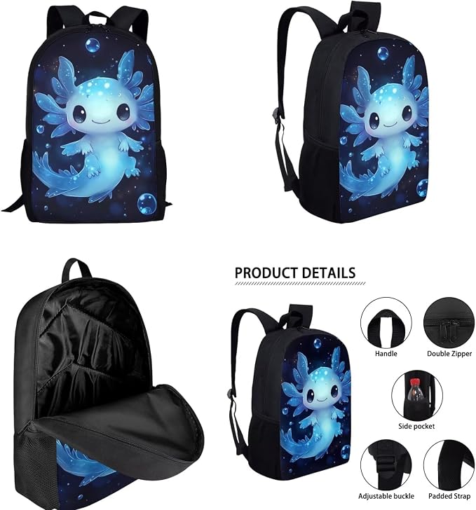 Blue Axolotl Backpack for School Girls 2nd Grade with Lunch Box Preppy Elementary Bookbag and Lunchbox Set 4PCS Cute Back Pack Lunch Bag Pencil Case Watter Bottle Holder Book Bags Kids 6-8 - Image 2