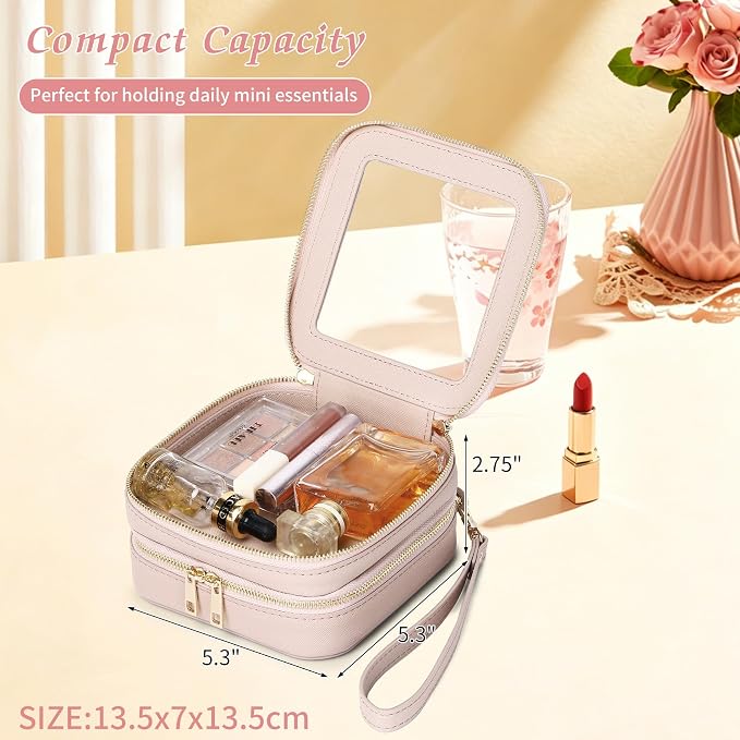 Pinkmik Double Layer Makeup Bag Small Clear Makeup Pouch Mini Travel Cosmetic & Toiletry Bag Purse Organizer and Car Essentials for Women (Pink, 2-Layer MINI) - Image 3
