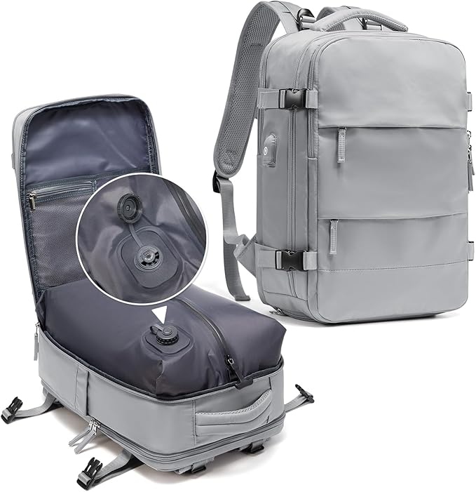 coowoz Vacuum Backpack Travel with Pump,Travel Backpack with Vacuum System For Women Men,Carry On Backpack,Hiking Backpack Waterproof Outdoor Sports Rucksack Casual Daypack,25L(Built-in Pump),Grey by coowoz