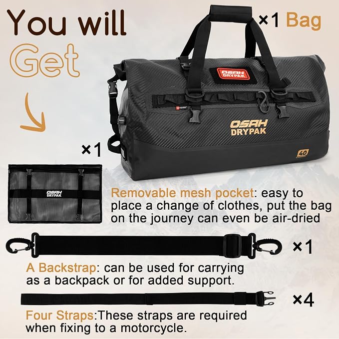 OSAH DRYPAK Waterproof Duffel Bag 25L/40L/60L – Heavy-Duty Motorcycle Tail Bag, Roll-Top Dry Bag for Travel, Camping, Boating, Kayaking, Outdoor Adventure - Image 7